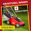 A red electric lawnmower is shown on a green lawn with marketing text overlays. Produktbild-Vorschau