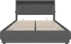 A studio shot of a gray upholstered bed frame with a slatted mattress base. Produktbild-Vorschau