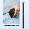 A person is putting a phone case into their pocket, and a side view of the phone case is shown with a measurement overlay. Produktbild-Vorschau