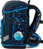 A side view of a blue and navy backpack with a dinosaur graphic. Podgląd zdjęcia produktu