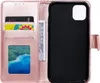 A rose gold wallet-style phone case for an Apple iPhone 11 is shown open, revealing card slots and a picture window. Produktbild-Vorschau