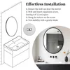 Illustration of a bathroom sink and mirror installation steps, with a lifestyle photo of a bathroom. Produktbild-Vorschau