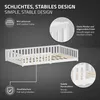 A white wooden children's bed with safety rails and a slatted frame, shown from a slightly elevated angle. Text overlays highlight features like 'Simple, Stable Design', 'With slatted frame', 'Smooth edges and rounded corners', 'Fall-out protection', and ' Produktbild-Vorschau