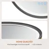 Close-up views of a round mirror with a black frame, showing details of the frame and touch controls, along with marketing text. Produktbild-Vorschau