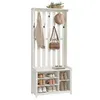 A white wooden hall tree with a coat rack, a shelf, and shoe storage below. Produktbild-Vorschau