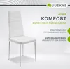 A white dining chair with marketing text highlighting its features. Podgląd zdjęcia produktu