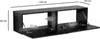 A black marble-effect TV stand with open doors and dimensions indicated by lines and text. Podgląd zdjęcia produktu