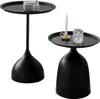 Two black side tables are displayed against a white background. One table has a small decorative radio on it, and the other has a candle and a small cup. Podgląd zdjęcia produktu