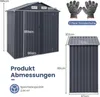 Product dimensions and features are shown for a dark gray metal storage shed and a smaller storage unit. Náhled obrázku produktu