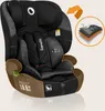 A black and gray child car seat with brown accents, presented on a light beige background. An inset graphic highlights the layered fabric construction. Produktbild-Vorschau