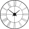 A close-up view of a black metal wall clock with Roman numerals. Voir les images du produit