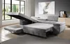 A sectional sofa is shown in a living room setting, with one section pulled out to reveal a hidden bed and storage compartment. Produktbild-Vorschau