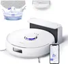A white robot vacuum cleaner with its charging dock and accessories, along with a smartphone displaying its app interface. Náhled obrázku produktu
