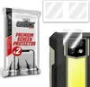 A product shot featuring packaging for a screen protector and a close-up of a rugged smartphone with a screen protector being applied. Produktbild-Vorschau