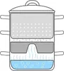 Diagram of a multi-level steamer pot showing water boiling and steam rising. Produktbild-Vorschau