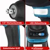 A collage of four close-up images of a cordless impact wrench, highlighting its features. Produktbild-Vorschau