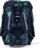 The back view of a blue and green patterned backpack with straps and buckles. Produktbild-Vorschau