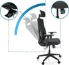A black ergonomic office chair with adjustable features highlighted by callout boxes and an arc indicating movement. Produktbild-Vorschau