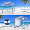 A split image showing a beach tent on a sandy beach with the ocean in the background. The top image shows the tent from the front, and the bottom image shows the tent with a side panel attached, along with a close-up of a hook attachment. Anteprima dell’immagine prodotto