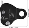 A black climbing rope grab device with markings and dimensions shown. Náhled obrázku produktu
