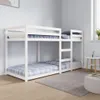 A white wooden bunk bed with blue and white plaid bedding in a room with light gray walls and a light wood floor. Produktbild-Vorschau