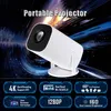 A white portable projector is shown in the center of the image, with a dynamic, abstract background of blue and black streaks and lights. Below the projector, there are several feature callouts. Produktbild-Vorschau