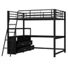 A black metal loft bed with an integrated desk and drawers, shown against a white background. Náhled obrázku produktu