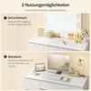 The image shows two different uses of a white desk: as a vanity table with makeup and as a desk with a computer setup. Produktbild-Vorschau