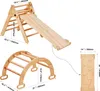 A diagram showing the dimensions of a wooden Pikler triangle climbing toy and a climbing arch. Voir les images du produit