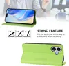A person's hands are shown holding a green phone case with a phone inside, demonstrating its stand feature. Another image shows the back of the case. Produktbild-Vorschau