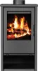 A black wood-burning stove with a glass door showing a fire. Produktbild-Vorschau