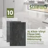 A display of vinyl flooring tiles in different marble-like patterns, set against a blurred background of a modern interior. Produktbild-Vorschau