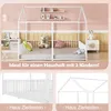 A children's house bed with two mattresses, decorated with stuffed animals and pillows, in a room with pink and yellow walls. The bottom part of the image shows close-ups of the bed's railing and frame. Podgląd zdjęcia produktu
