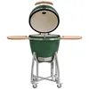 A green ceramic kamado grill with its lid open, shown on a white background with a metal stand and two wooden side shelves. Produktbild-Vorschau