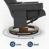 A close-up view of a dark gray recliner chair's base, showing its swivel mechanism and a side pocket. Arrows indicate a rotating motion, and icons with text suggest quiet and smooth operation. Produktbild-Vorschau