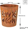 A rusty metal fire pit with a flame-like cut-out pattern, shown with measurement indicators for diameter, height, and weight. Produktbild-Vorschau