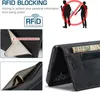 Collage of images showing a black leather phone case with RFID blocking features, card slots, and a coin pocket. Produktbild-Vorschau