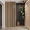 A modern hallway with a slatted wood accent wall, a hanging plant, and built-in cabinets. Anteprima dell’immagine prodotto