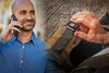 A split image showing a man on a phone call and an elderly person's hand interacting with a smartwatch. Anteprima dell’immagine prodotto
