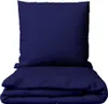 A folded dark blue duvet cover and a dark blue pillowcase are stacked on top of each other against a white background.