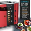 A red toaster with a touch panel display and a diagram explaining its functions, surrounded by images of toast. Náhled obrázku produktu