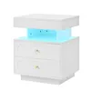 A white nightstand with two drawers and an open storage compartment with blue LED lighting. Podgląd zdjęcia produktu