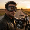 Mann trägt Vintage-Motorradbrille und Lederjacke, steht neben einem Motorrad bei Sonnenuntergang Anteprima dell’immagine prodotto