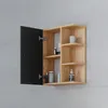 A wooden bathroom cabinet with its door open, mounted on a tiled wall. Náhled obrázku produktu