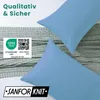 Two light blue pillows are shown on a textured gray fabric, with marketing text and logos overlaid. Produktbild-Vorschau