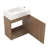 A minimalist bathroom vanity with a sink and an open cabinet door, shown against a white background. Produktbild-Vorschau