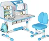 A blue and white adjustable children's desk and chair set, with a small backpack hanging from the side. Produktbild-Vorschau