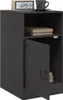 A dark gray locker-style nightstand with an open door, revealing books inside. A digital clock and a mug are on top. Produktbild-Vorschau