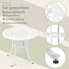A white round garden side table with decorative details and text highlighting its features. Podgląd zdjęcia produktu