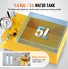 A close-up view of a yellow hydrostatic test pump with a gauge and a transparent tank showing '5L' inside. A smaller inset image shows two water bottles and a hand holding the pump. Produktbild-Vorschau
